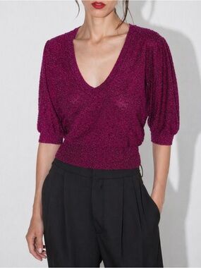 NWT Zara Metallic Shimmer Knit Sweater Puff Sleeve V-Neck Size S